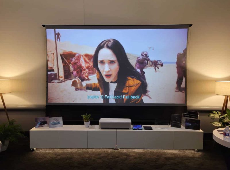 Projection screen for custom installation showcasing a scene from a movie. EPV Screens® Projection Screen for Custom Installations.