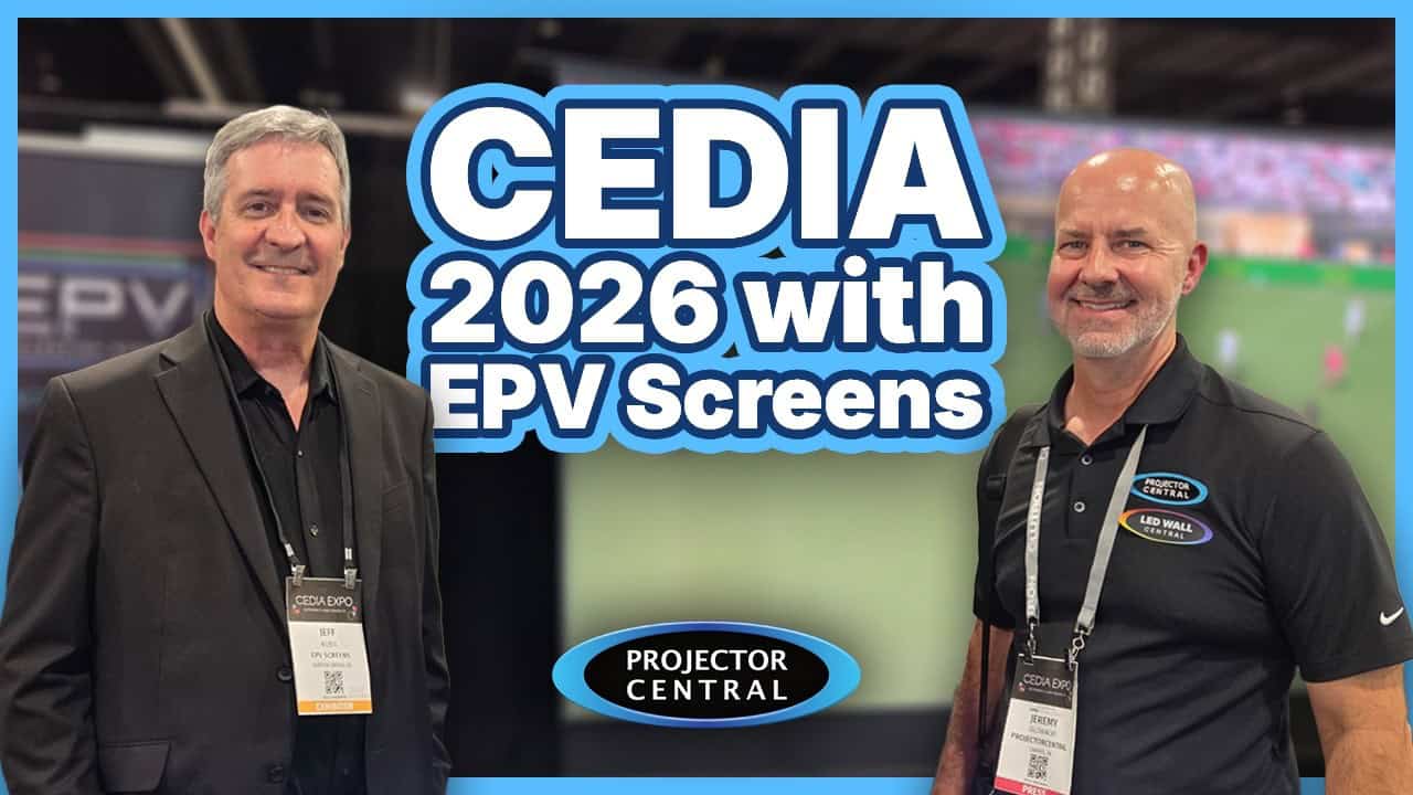 Two men at CEDIA 2026 showcasing EPV Screens projection screens.