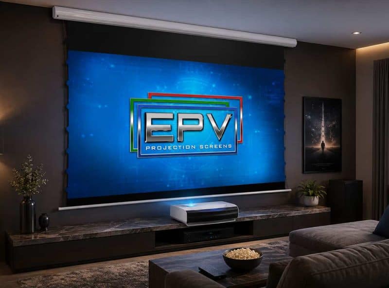 Custom projection screen by EPV Screens in a modern home theater.
