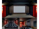 Projection screen for home theater with acoustic panels and premium sound system.