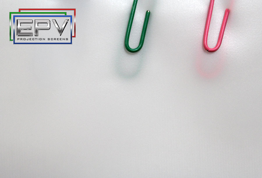 Custom projection screens with colorful paper clips on a white background.